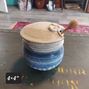 Handmade Studio Pottery Honey Pot Blue White Glaze Stoneware with Wood Dipper 4"